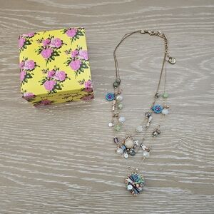 Betsey Johnson Weave and Sew Multi Woven Heart Illusion Necklace with box